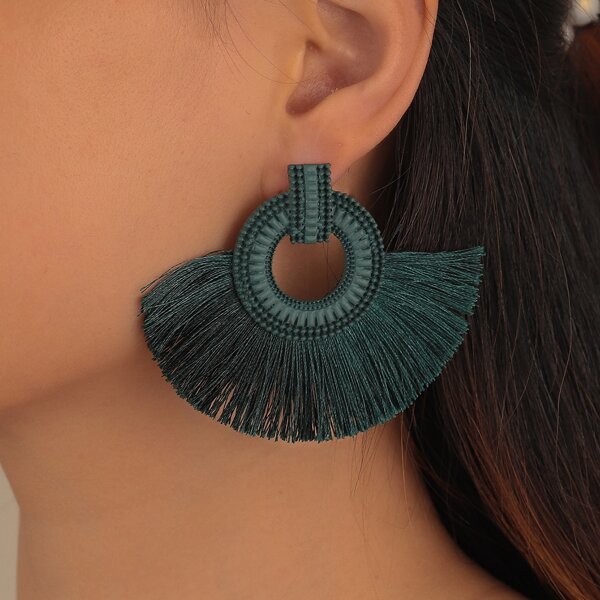 

Fan Shaped Tassel Earrings, Dark green