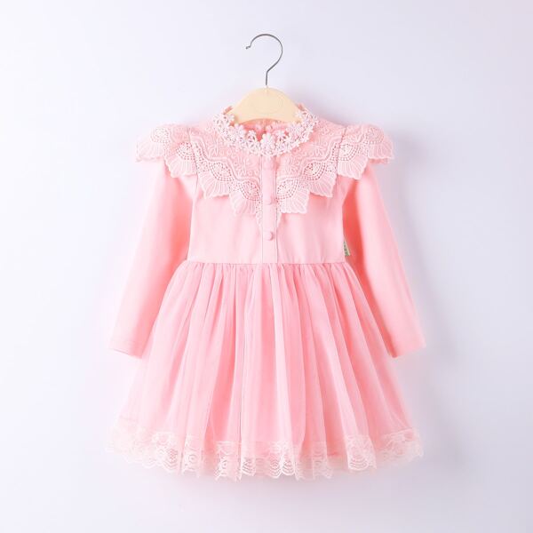 

Toddler Girls Contrast Mesh Lace Trim Smock Dress, Baby pink