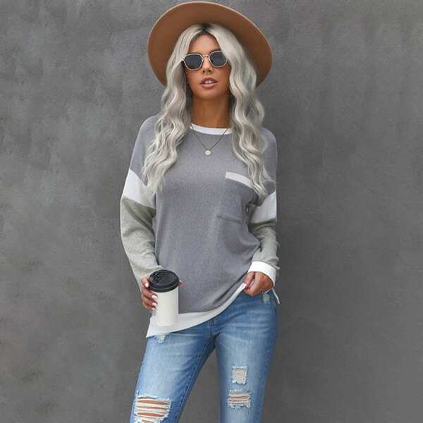 

Drop Shoulder Color-block Sweatshirt, Grey