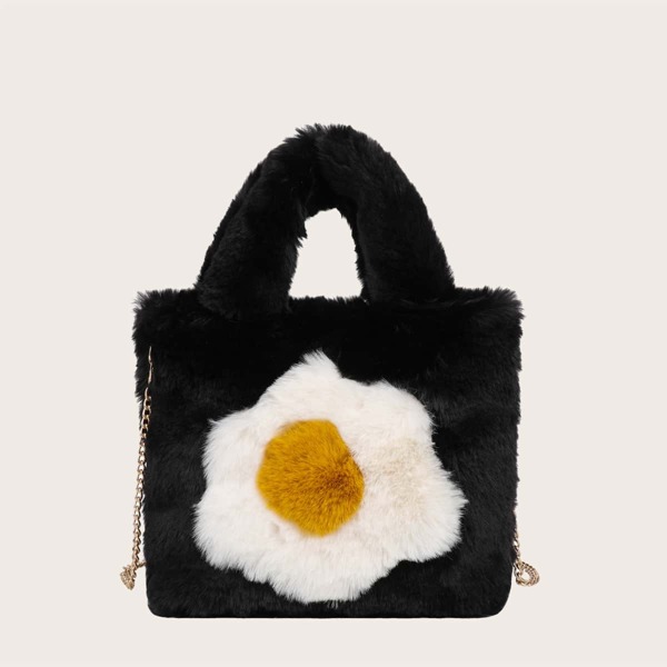 

Girls Fried Egg Graphic Tote Bag, Black