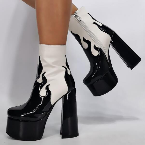 

Flame Pattern Chunky Heeled Platform Boots, Black