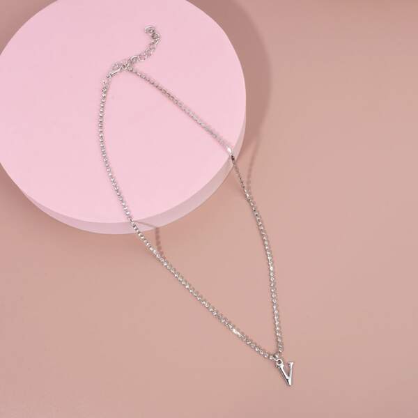

Rhinestone Decor Letter Charm Necklace, Silver