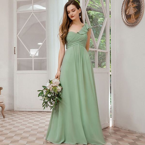 

One Shoulder Ruffle Trim Pleated Chiffon Prom Dress, Mint green