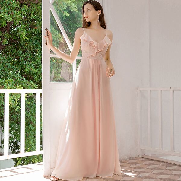 

Ruffle Trim Applique Chiffon Prom Dress, Baby pink