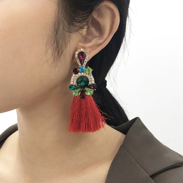 

Rhinestone Tassel Decor Earrings, Red