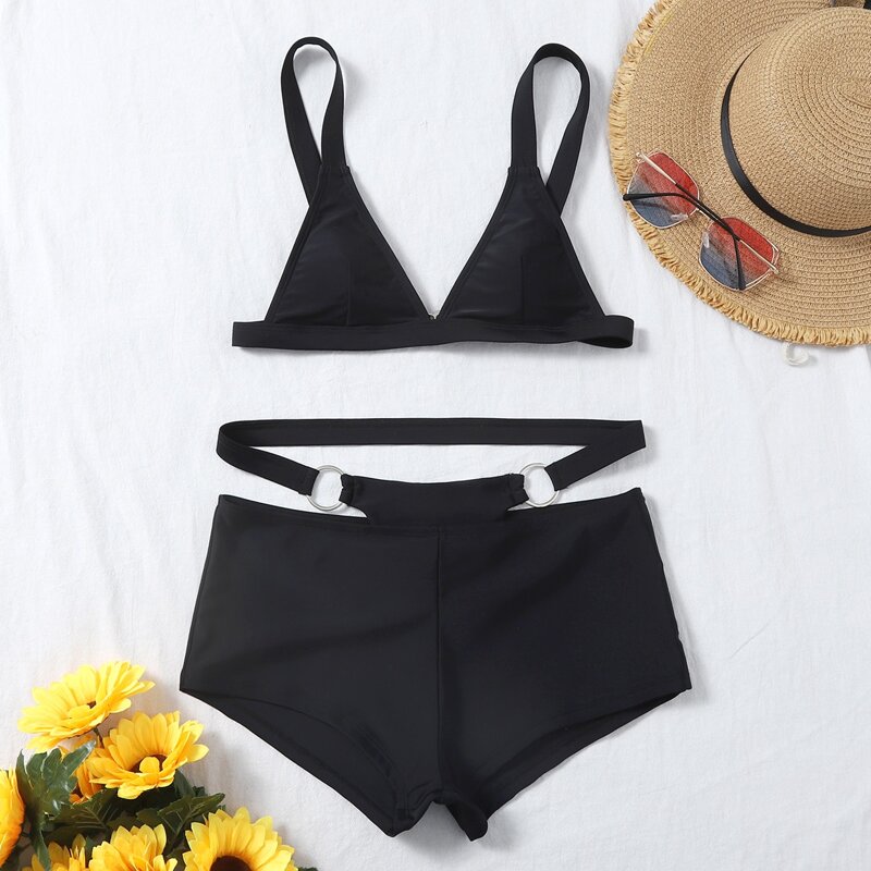 

Cut-out Ring Linked Triangle Bikini Swimsuit, Black