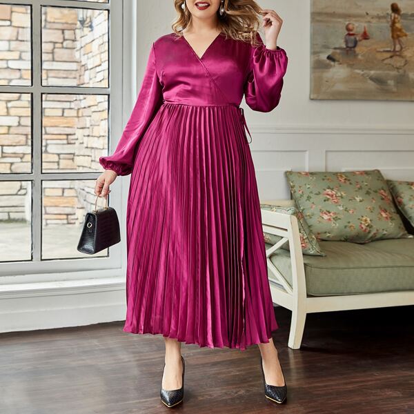 

Plus Lantern Sleeve Wrap Tie Side Pleated Dress, Red violet