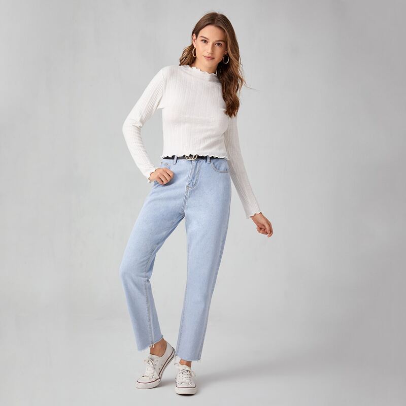 

Solid Lettuce Trim Crop Sweater, White
