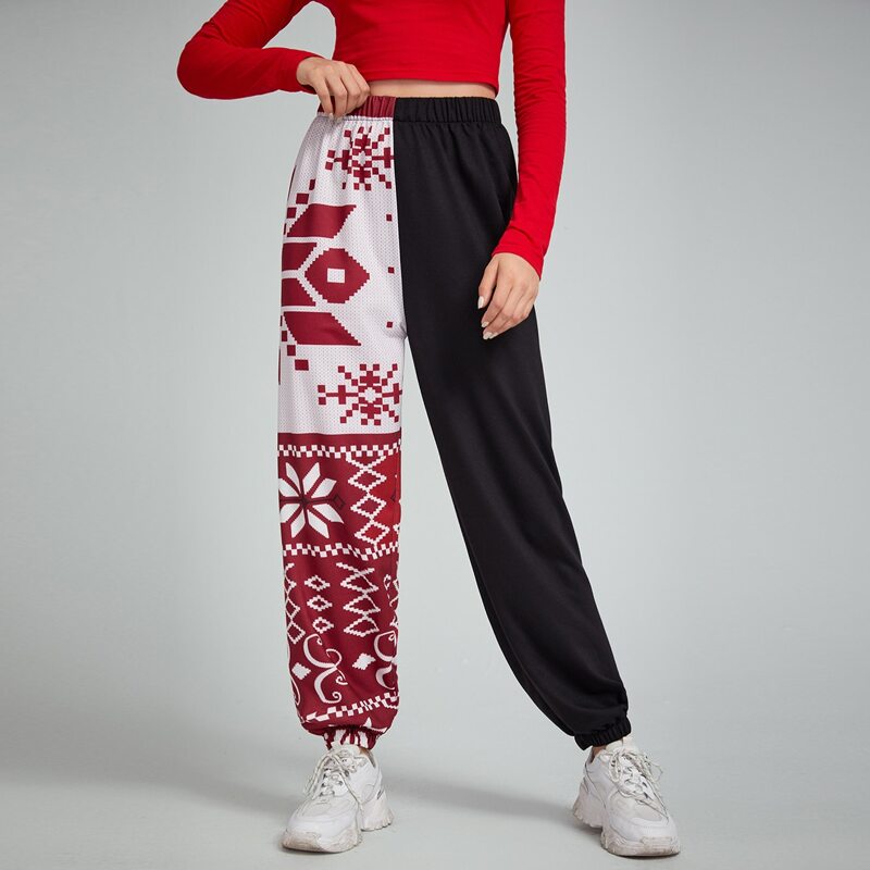 

Christmas Ugly Print Colorblock Joggers, Multicolor