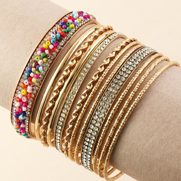 

12pcs Rhinestone & Bead Decor Bracelet, Multicolor