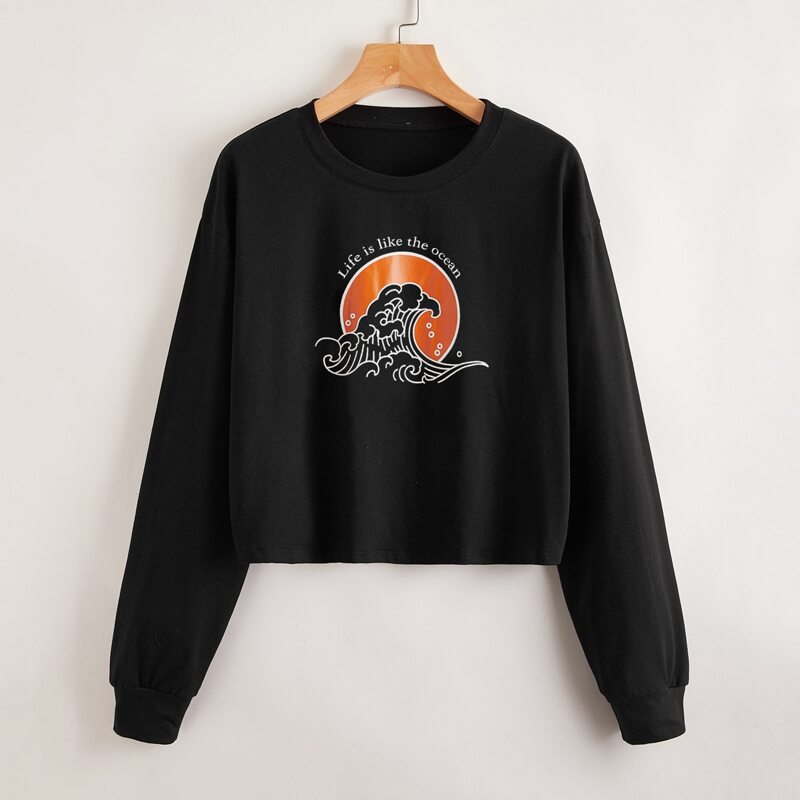 

Slogan Wave Graphic Crop Tee, Black