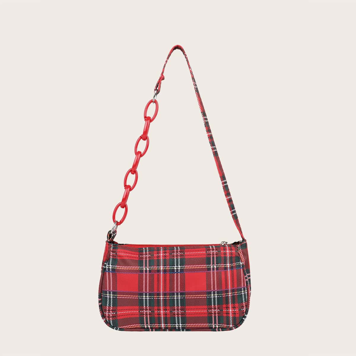

Plaid Pattern Baguette Bag, Red