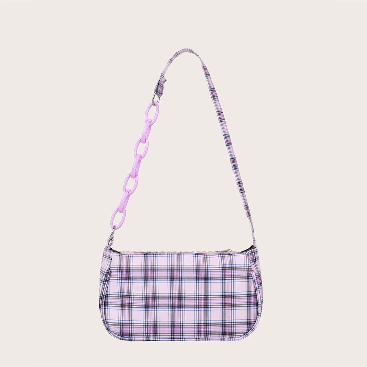 

Plaid Pattern Baguette Bag, Purple