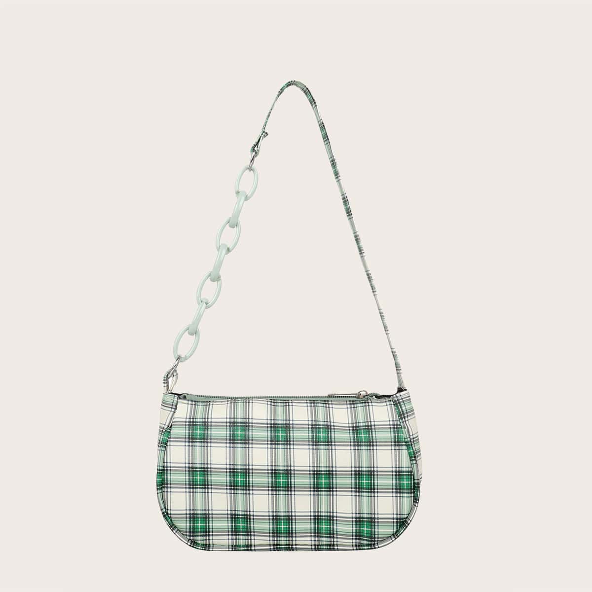 

Plaid Pattern Baguette Bag, Green