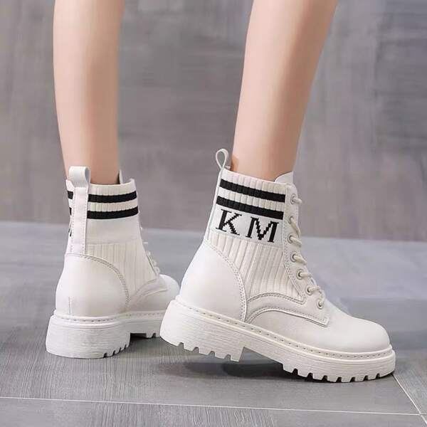 

Letter Graphic Knit Combat Boots, White