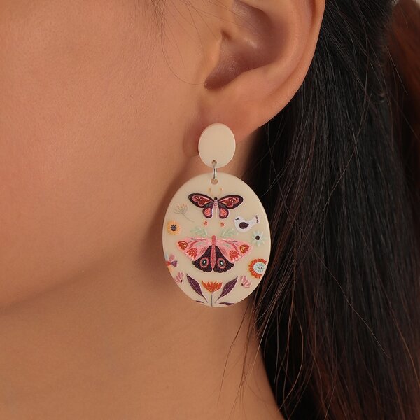 

Butterfly Pattern Oval Drop Earrings, Multicolor