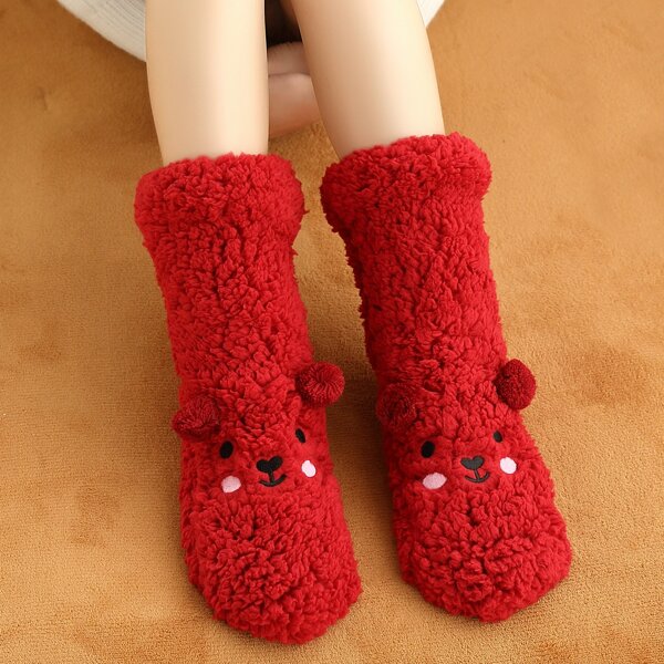 

Cartoon Embroidered Fuzzy Socks, Red
