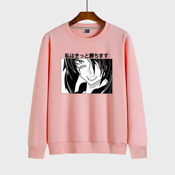 

Men Japanese Letter & Cartoon Figure Graphic Sweatshirt, Baby pink