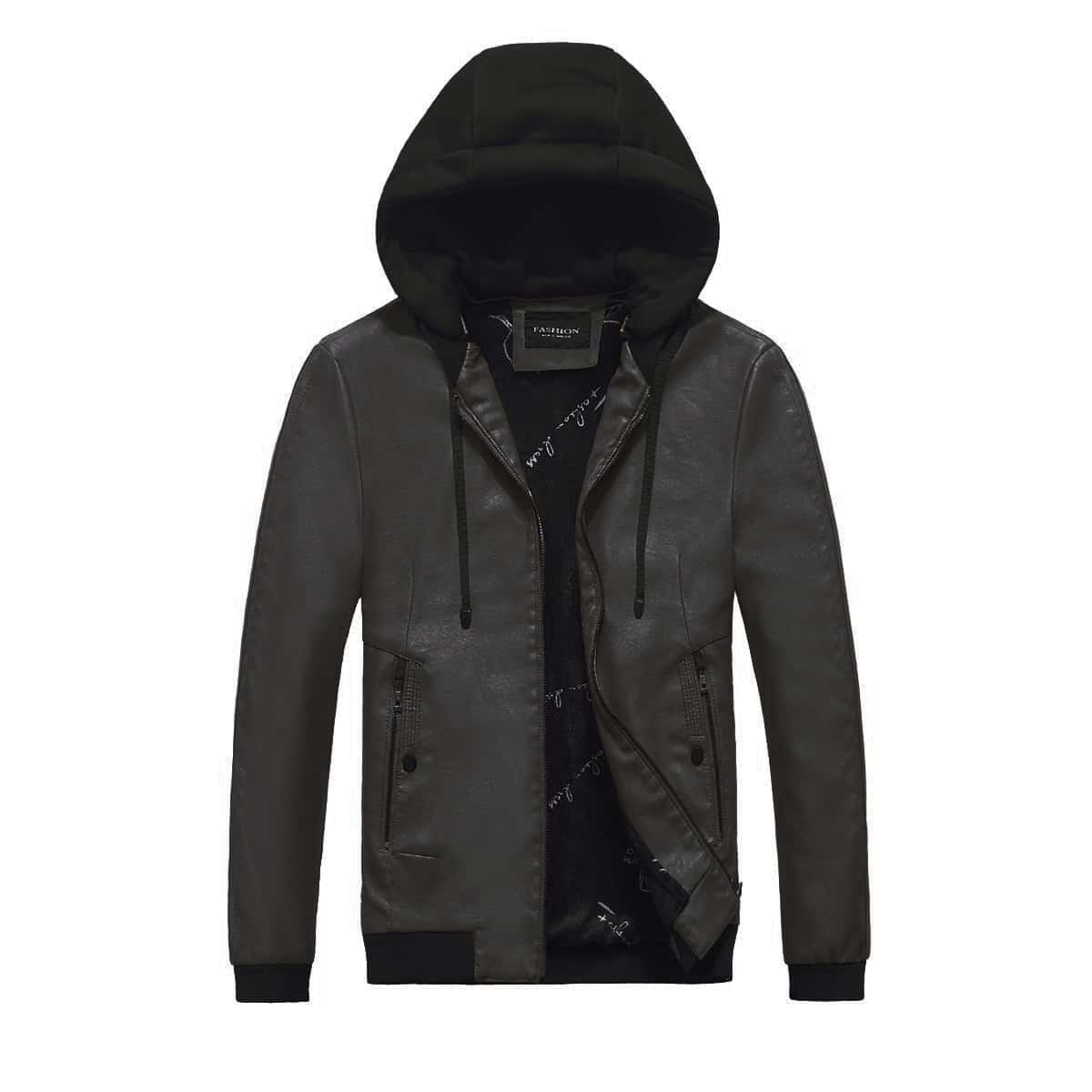 

Guys Color Block Zip Up Drawstring Hooded PU Jacket, Black