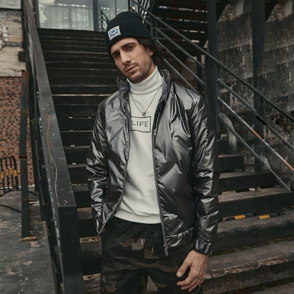 

Men PU Leather Zip-up Puffer Jacket, Dark grey
