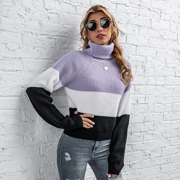 

Colorblock Turtleneck Ribbed Sweater, Multicolor