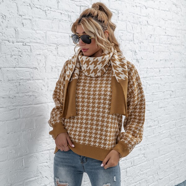 

Houndstooth Print Drop Shoulder Sweater With Scarf, Multicolor
