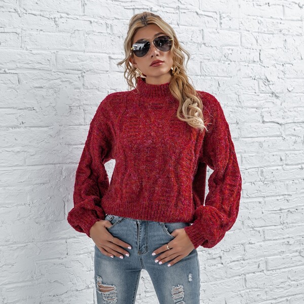 

Cable Knit Funnel Neck Sweater, Burgundy