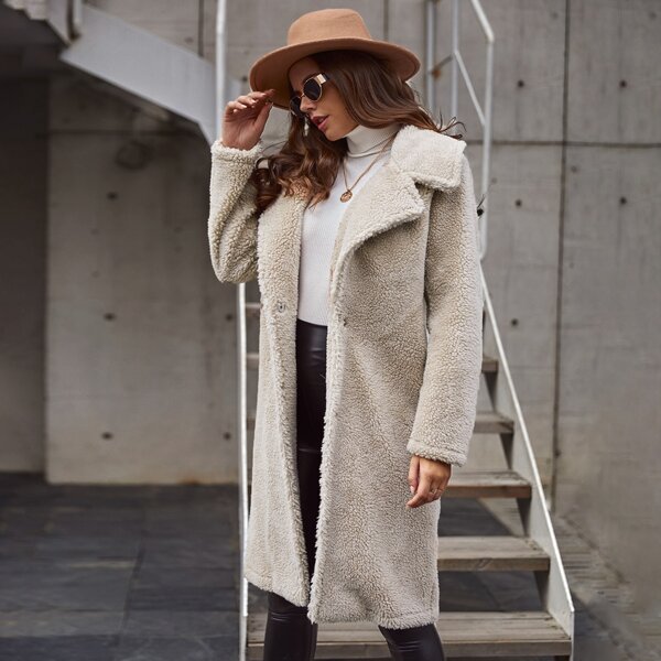 

Solid Single Button Lapel Neck Teddy Coat, Beige