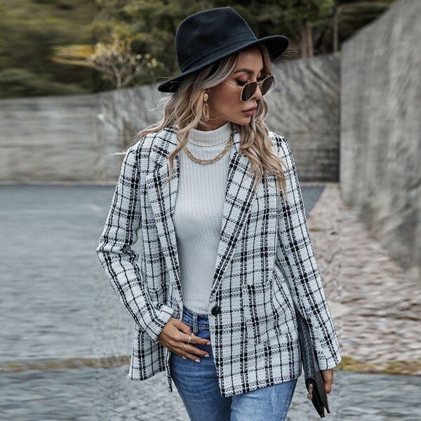 

Plaid Print Lapel Collar Single Button Tweed Blazer, White