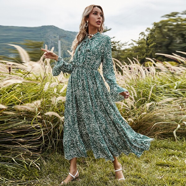 

Tie Neck Ditsy Floral Ruffle Hem Dress, Green