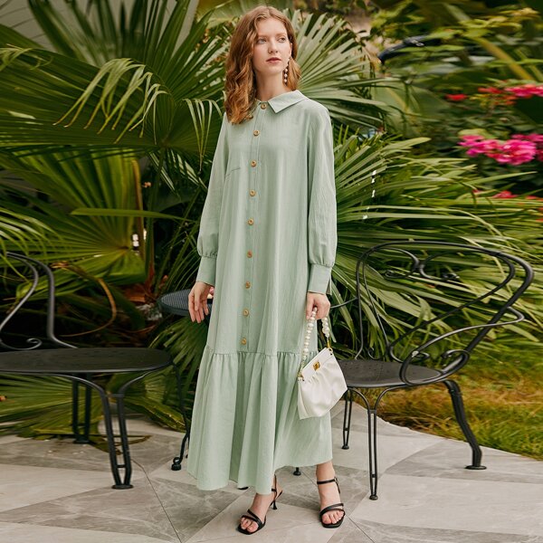 

Pocket Patched Ruffle Hem Shirt Dress, Mint green
