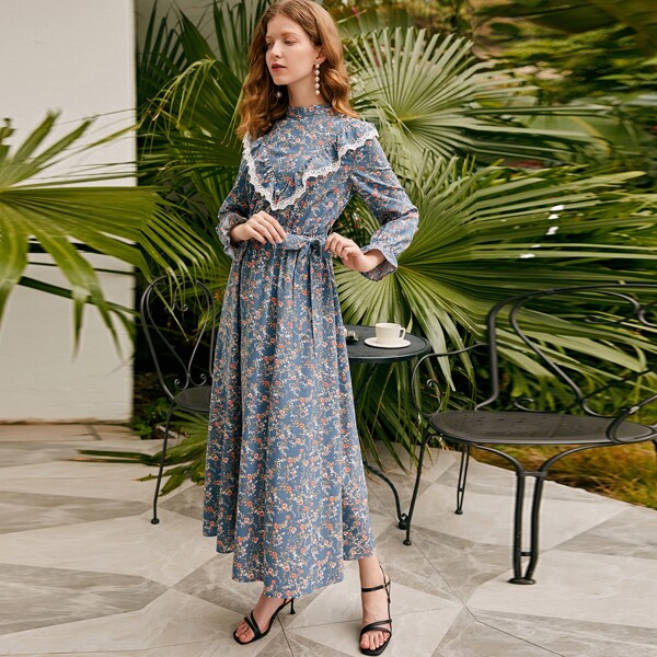 

Lace Panel Ruffle Trim Mock Neck Ditsy Floral Dress, Dusty blue