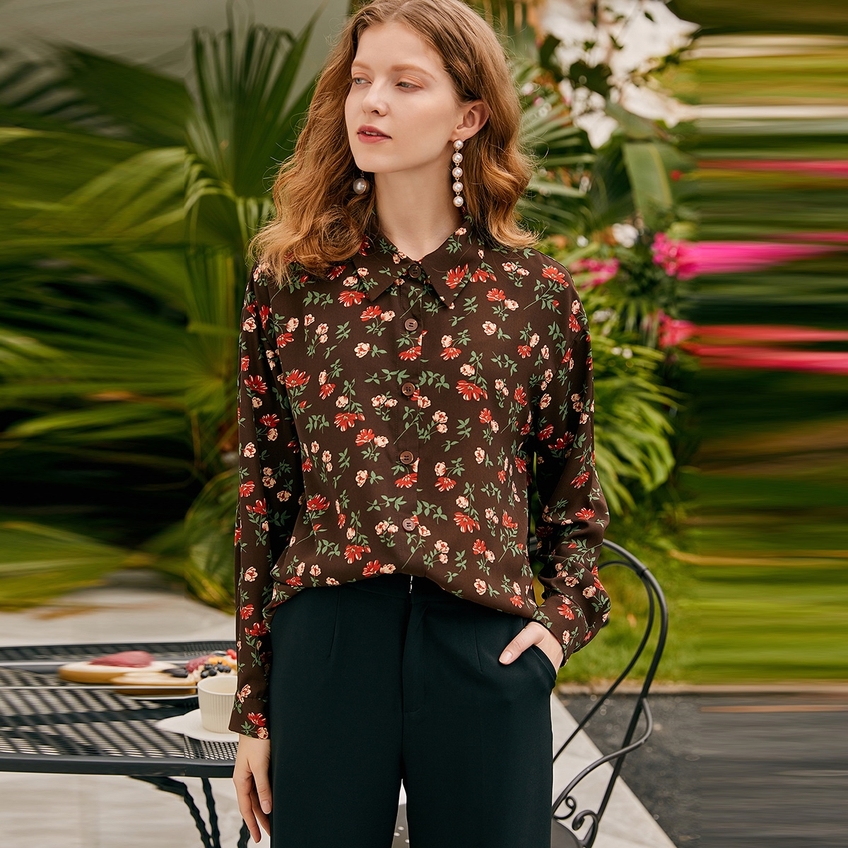 Image of Allover Floral Button Up Blouse
