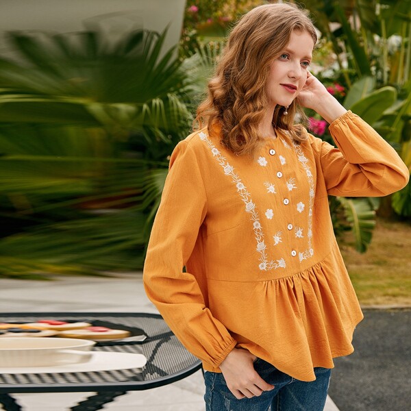 

Flower Embroidery Half Button Peplum Blouse, Mustard yellow