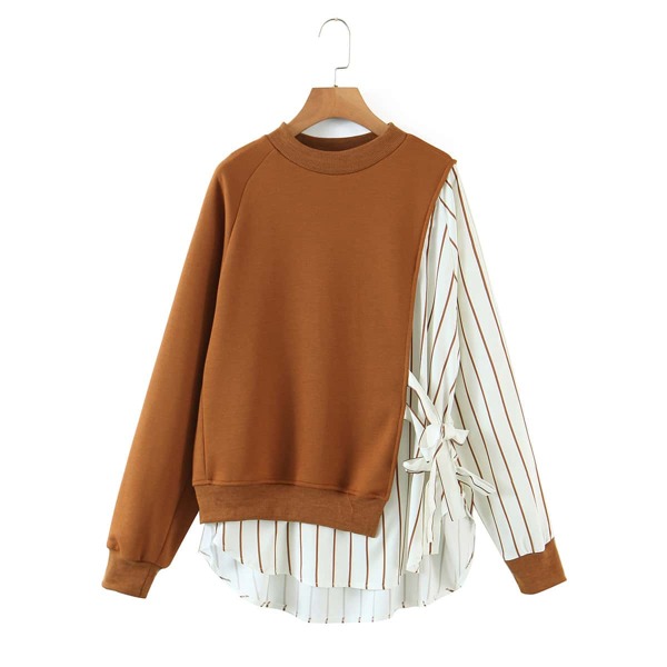 

2 In 1 Striped Tie Side High Low Sweatshirt, Brown