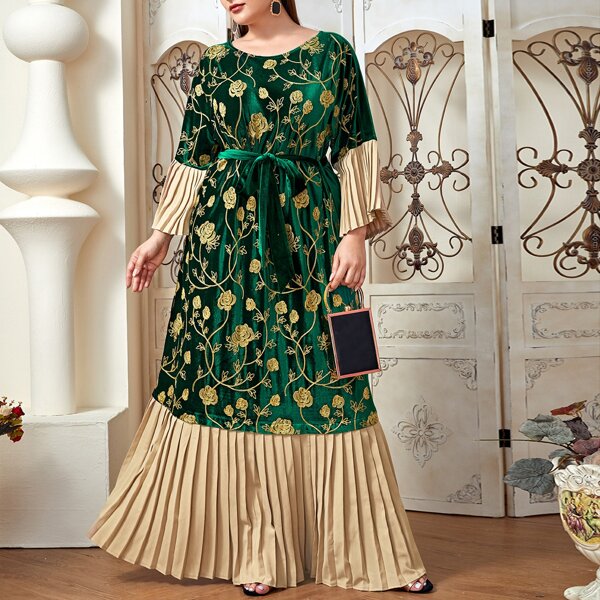 

Plus Contrast Pleated-sleeve Floral Embroidered Velvet Dress, Dark green