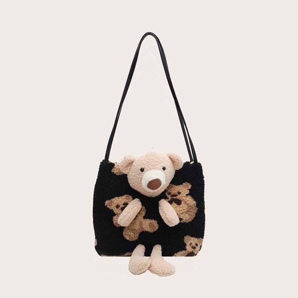 

Girls Bear Graphic Fluffy Tote Bag, Black