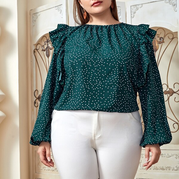 

Plus Polka Dot Ruffle Trim Blouse, Dark green