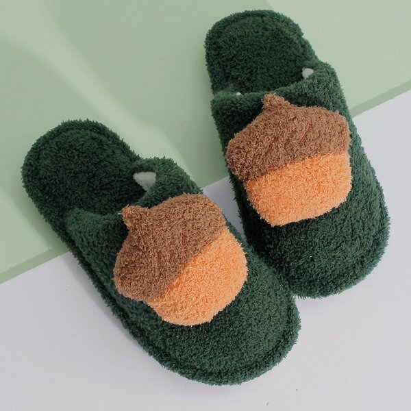 

Round Toe Fuzzy Slippers, Dark green