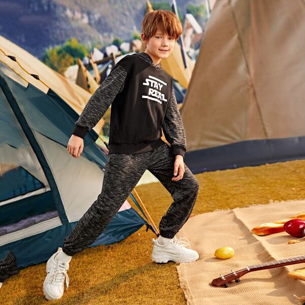 

Boys Letter Graphic Hoodie & Marled Sweatpants Set, Multicolor