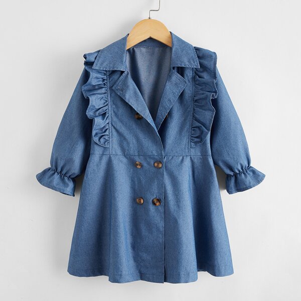 

Toddler Girl Double Breasted Ruffle Trim Denim Coat, Medium wash