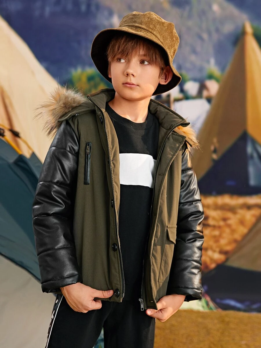 SHEIN 男孩PU皮革袖人造毛皮邊連帽外套