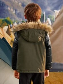 SHEIN 男孩PU皮革袖人造毛皮邊連帽外套