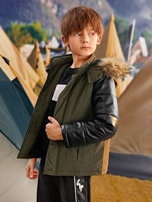 SHEIN 男孩PU皮革袖人造毛皮邊連帽外套