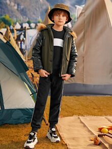 SHEIN 男孩PU皮革袖人造毛皮邊連帽外套