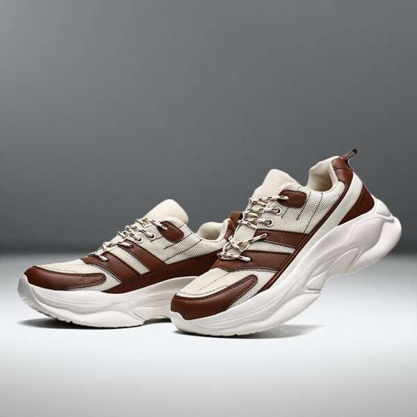 

Men Two Tone Lace-up Front Chunky Sneakers, Beige