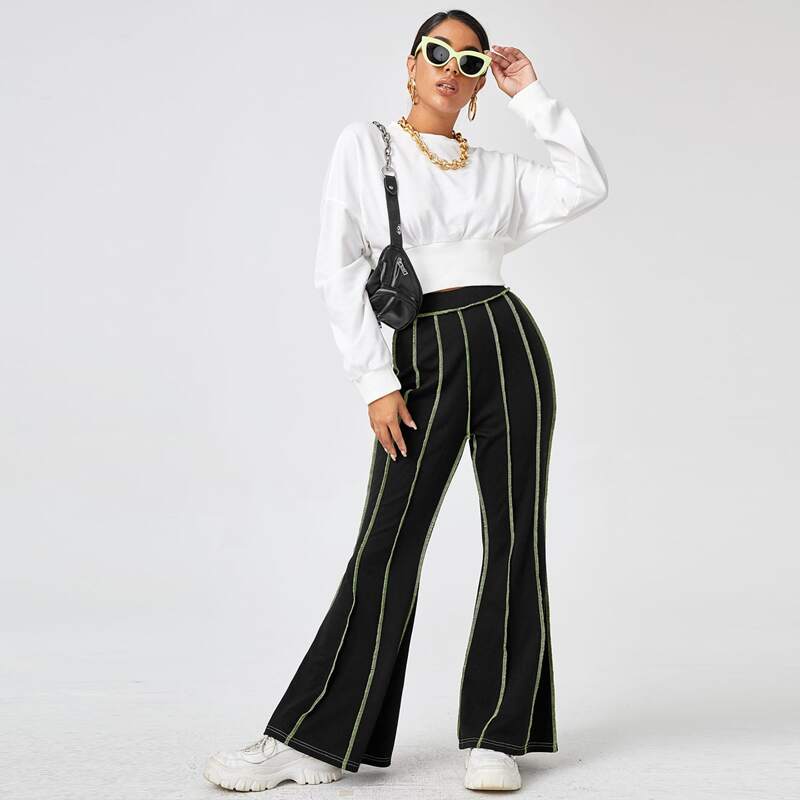 

Striped High Waist Flare Leg Pants, Black