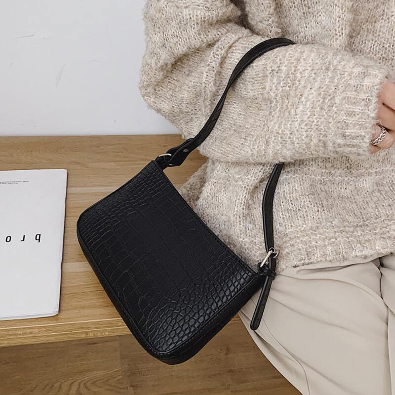 

Croc Embossed Baguette Bag, Black