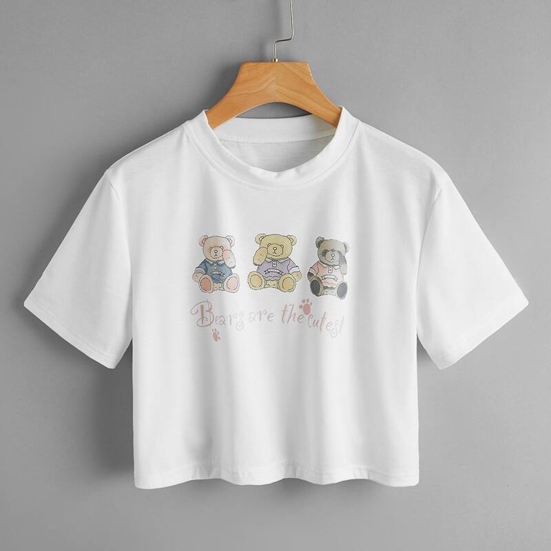 

Slogan Bear Graphic Crop Tee, White