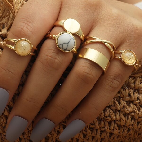 

6pcs Natural Stone Decor Ring, Multicolor